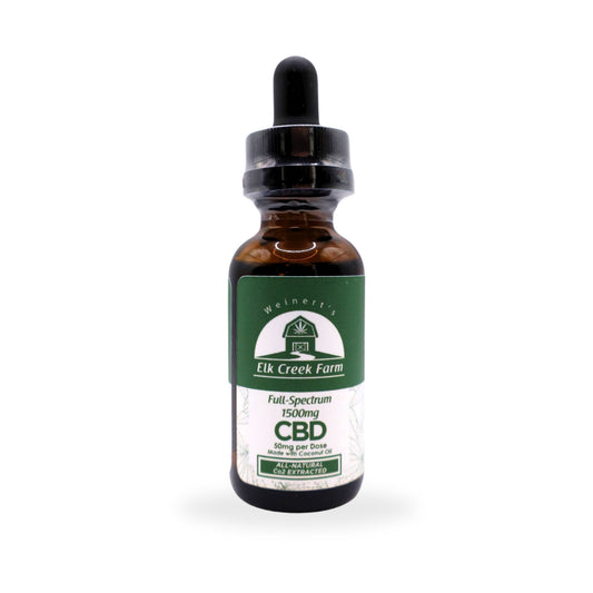 A tincture of 1500mg Full Spectrum CBD Oil sitting on a white background.