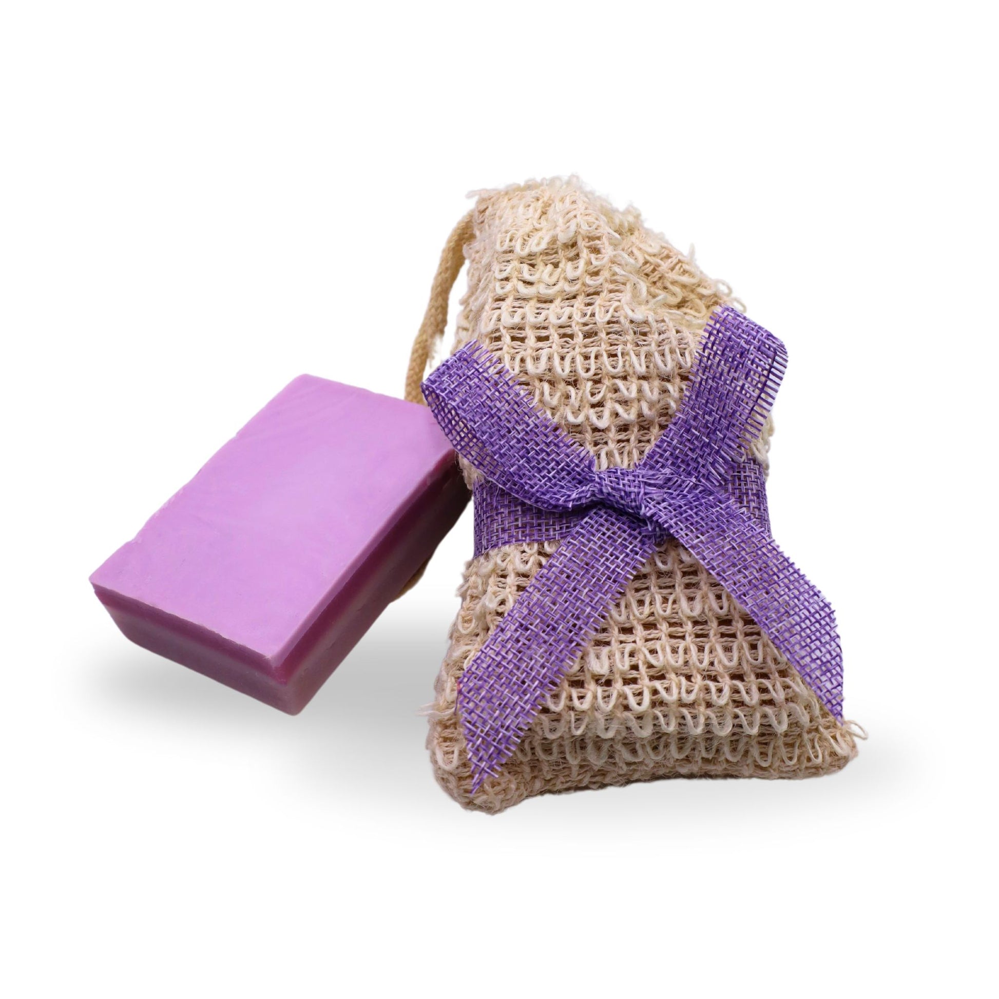 A bar of Lavender & Lemongrass scented CBD Bar Soap with a hemp washing bag sitting on a white background.