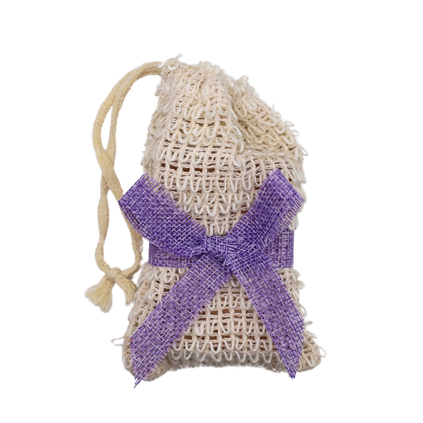 A loofah scrubbing bag with a bar of lavender & lemongrass scented premium CBP bar soap sitting on a white background.