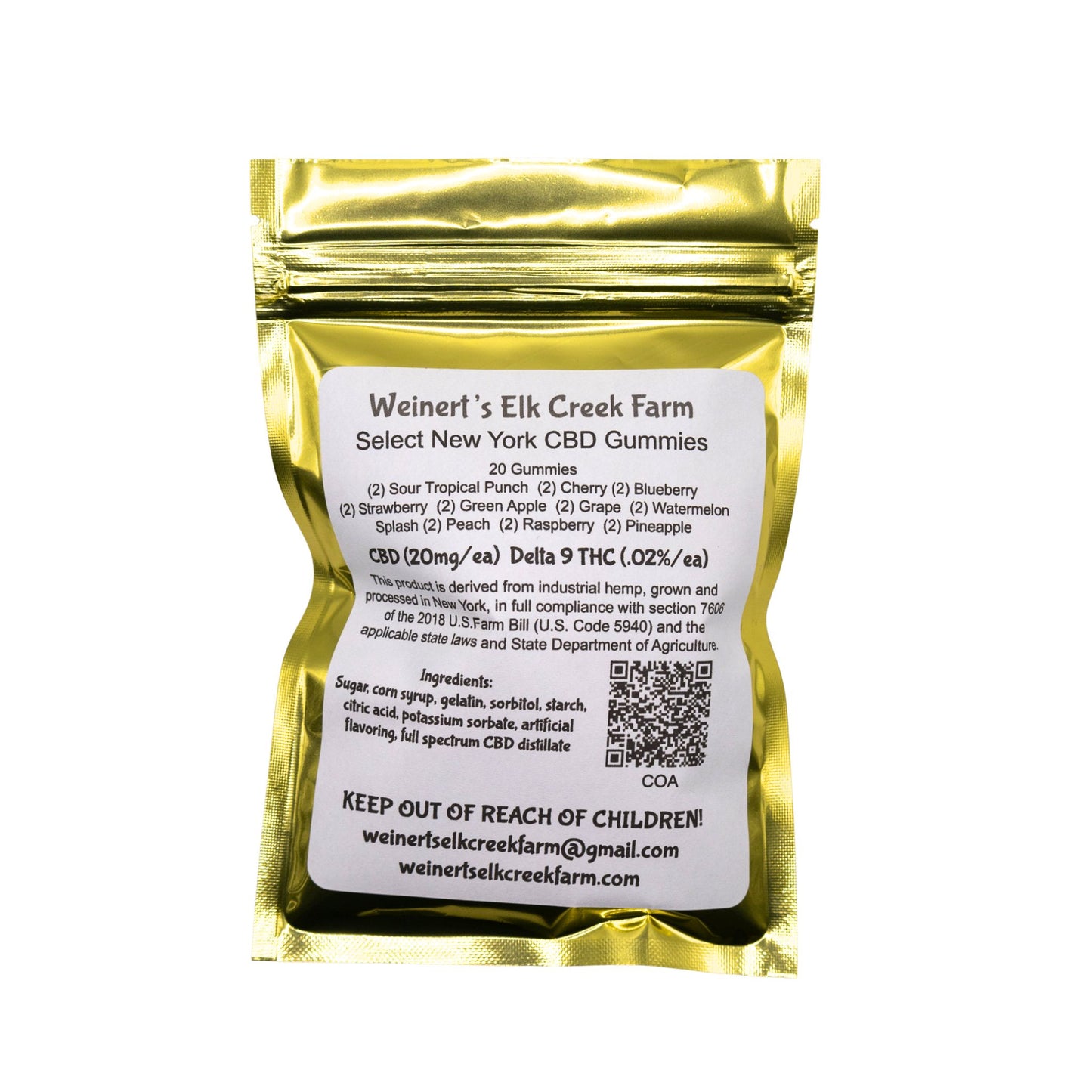 The back packaging of CBD infused gummy cubes. The flavors include tropical punch, cherry, blueberry, strawberry, green apple, grape, watermelon, peach, raspberry and Pineapple.