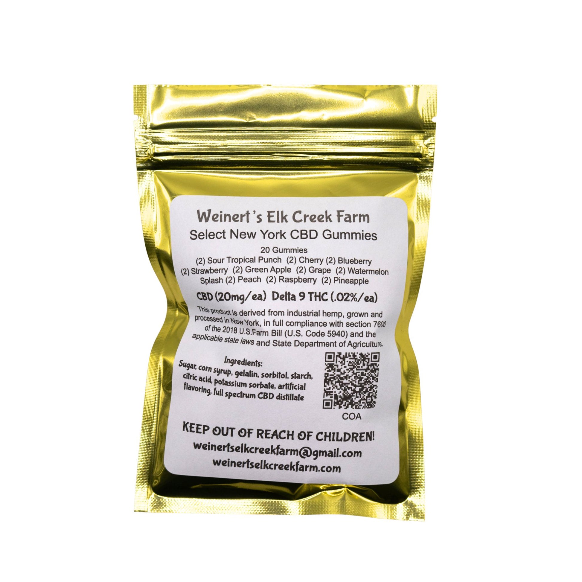 The back packaging of CBD infused gummy cubes. The flavors include tropical punch, cherry, blueberry, strawberry, green apple, grape, watermelon, peach, raspberry and Pineapple.