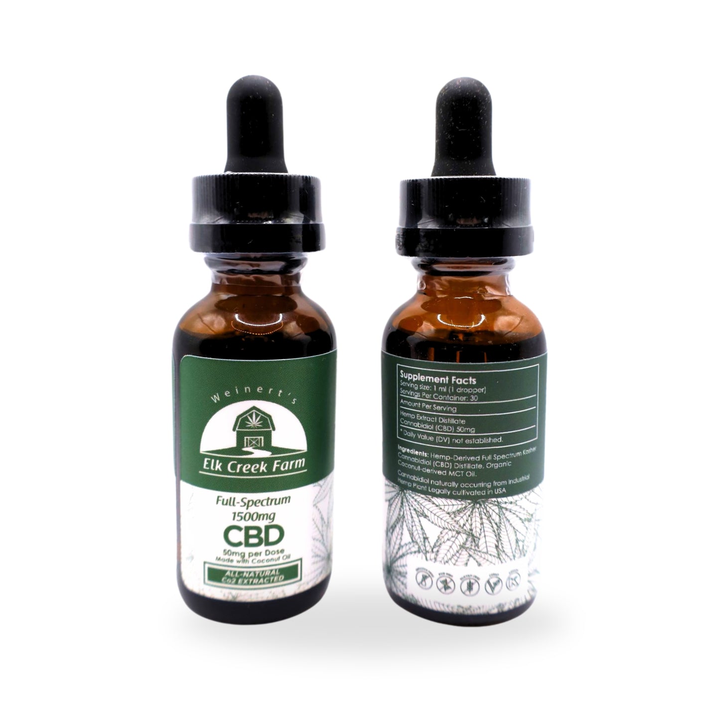 Two 1500mg tinctures of Weinert's Elk Creek Farm premium CBD oil sitting on a white background.