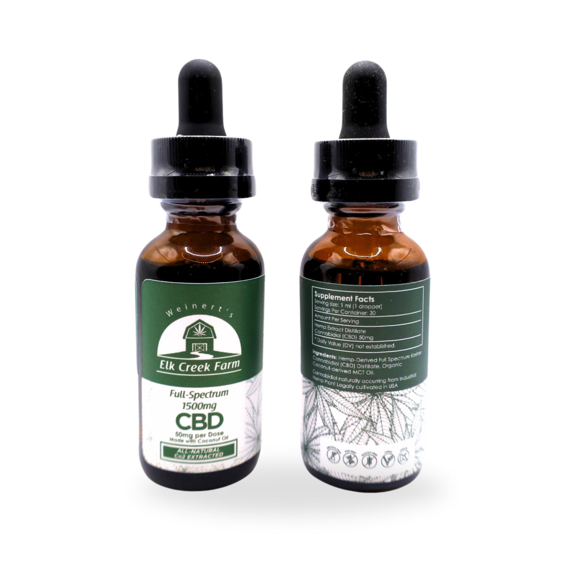 Two 1500mg tinctures of Weinert's Elk Creek Farm premium CBD oil sitting on a white background.