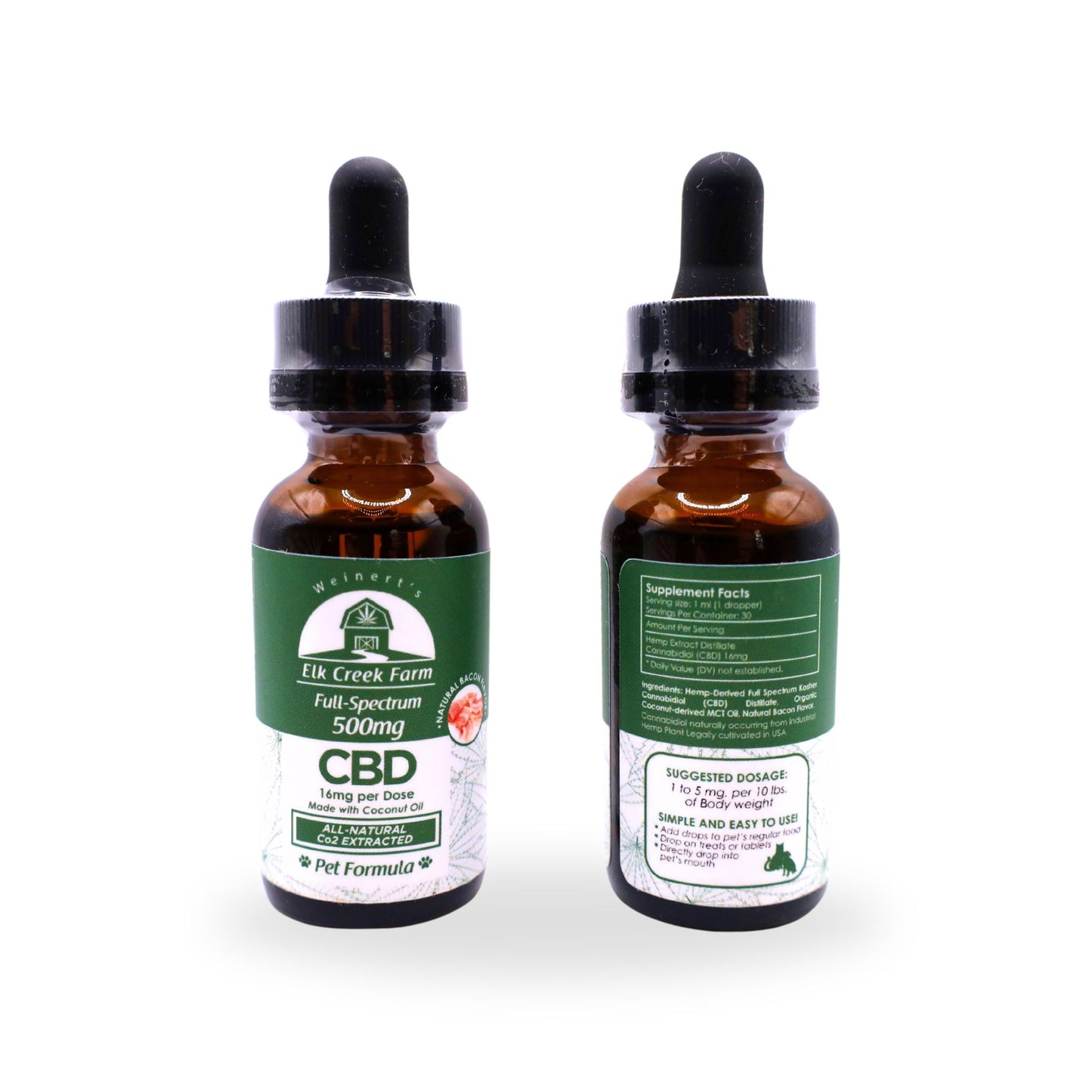 Two Tinctures of Premium Pet CBD Oil. Sitting on a white background.