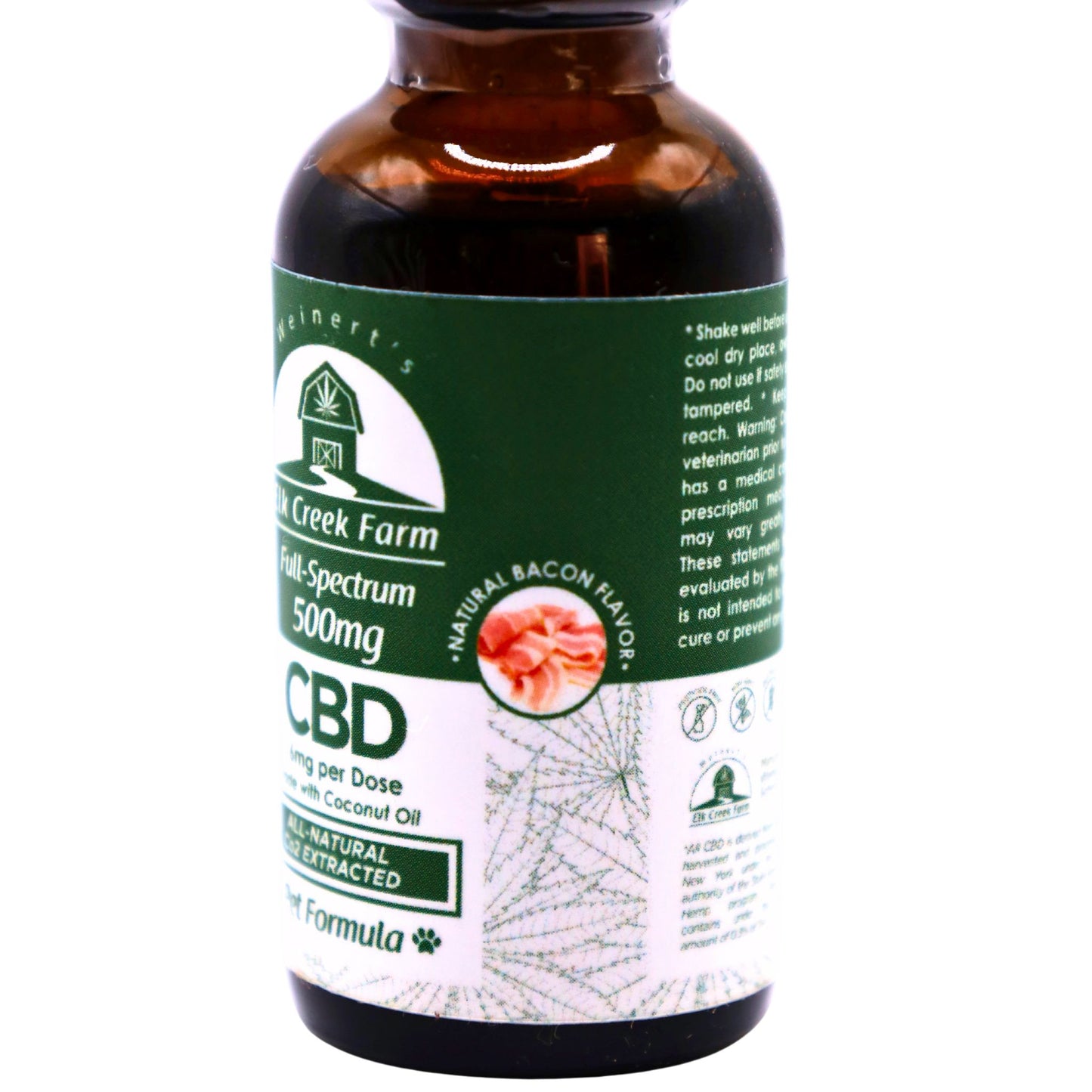 An up close shot of Weinert's Elk Creek Farm CBD Oil for pets with bacon flavoring.