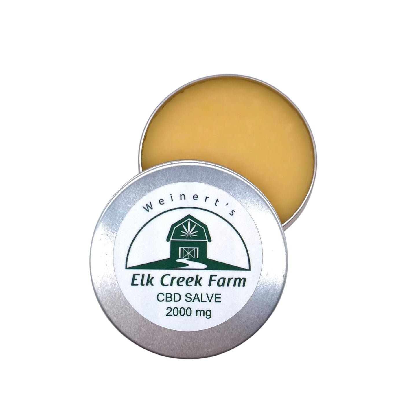 An open 2000mg CBD Salve from the Weinert's Elk Creek Farm sitting on a white background.