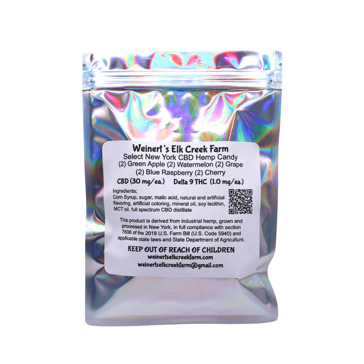 The back packages of Premium CBD infused hard candies. The package includes flavors like Green Apple, Watermelon, Grape, Blue Raspberry and Cherry