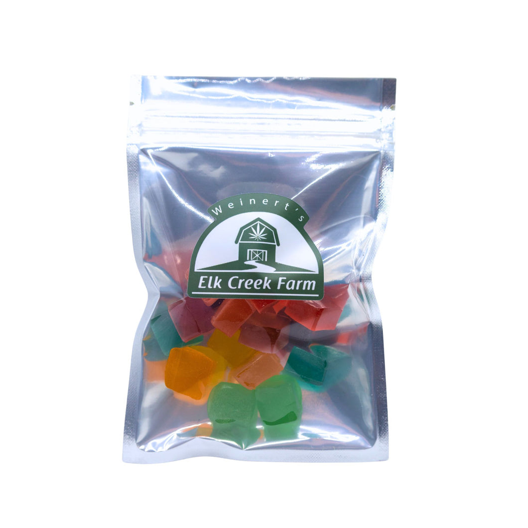 A package of 400mg CBD infused gummy cubes in a variety of flavors.