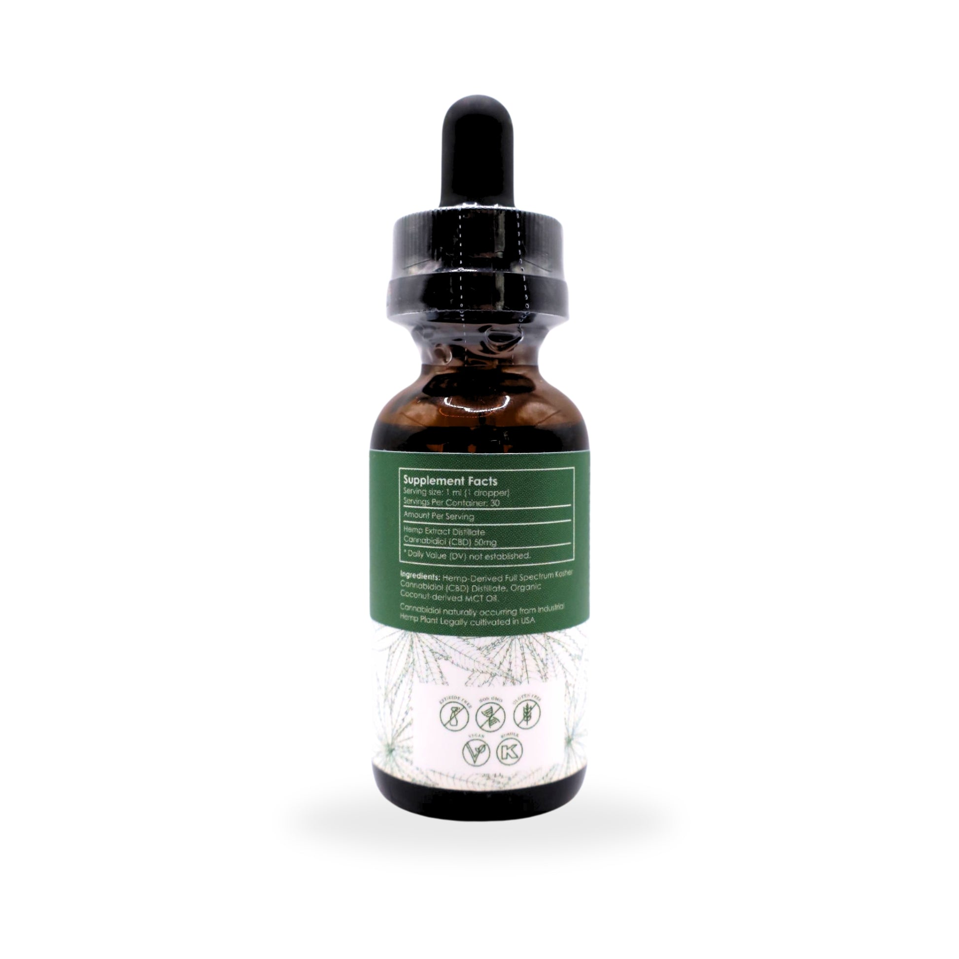 The backside of a 2500mg tincture of premium CBD Oil from the Weinert's Elk Creek Farm sitting on a white background.