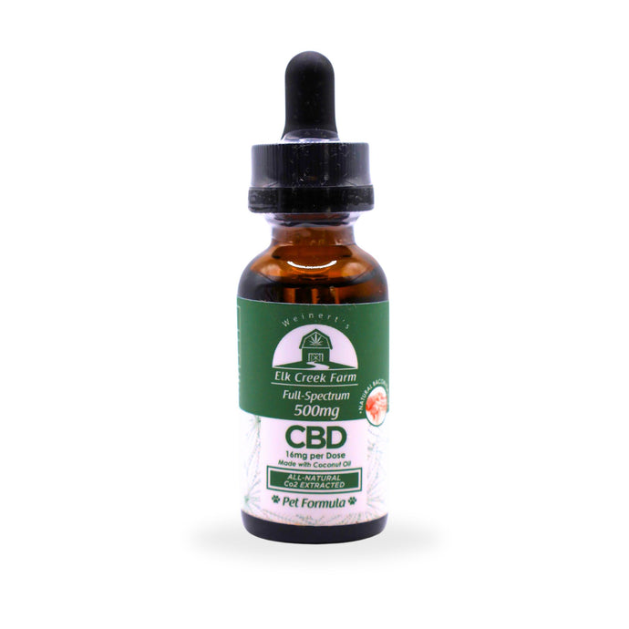 A tincture of Full-Spectrum Pet CBD sitting on a white backgrounds.