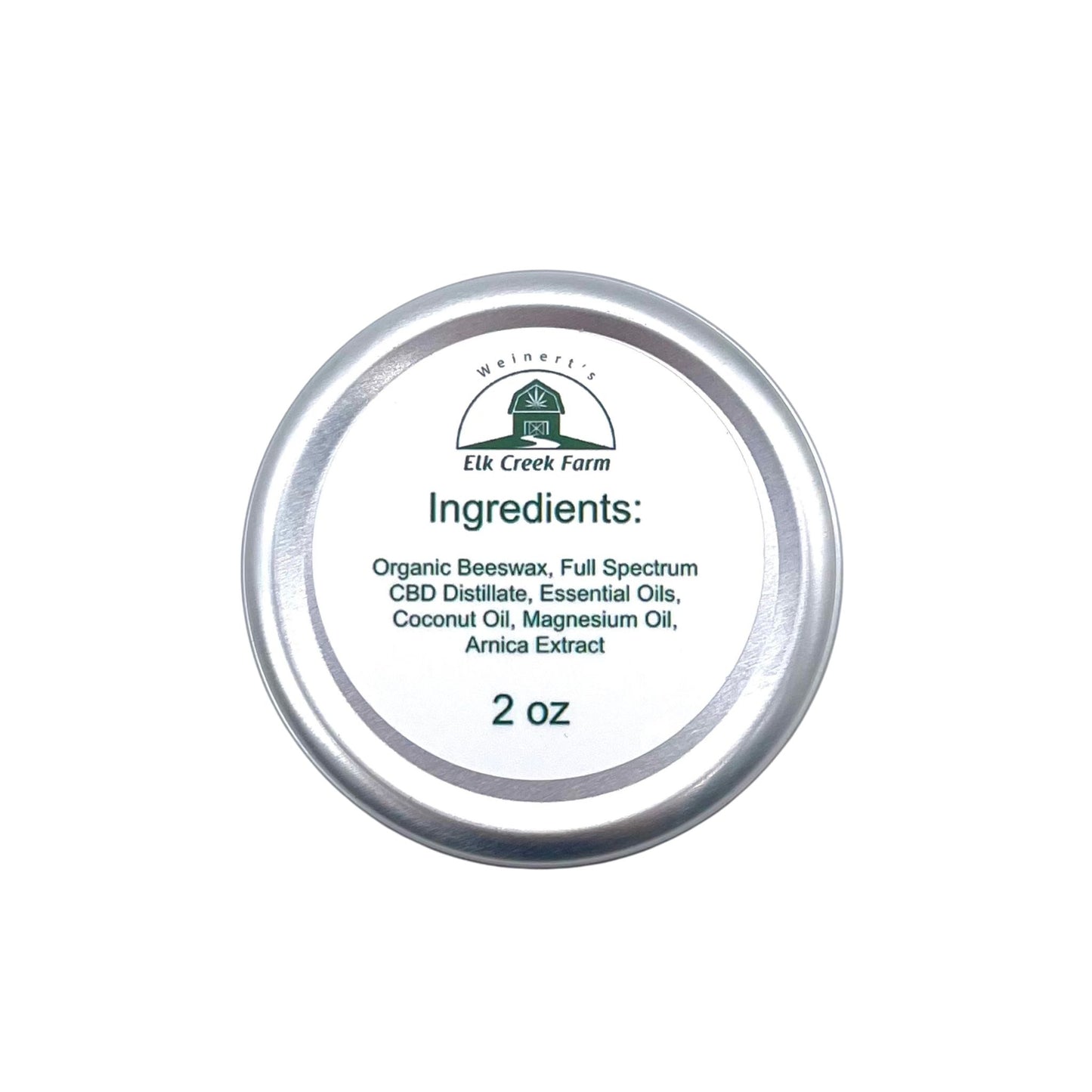 A tin of CBD Salve sitting on a white background. This CBD Salve is made with organic beeswax, full spectrum CBD, essential oils, Coconut oil, magnesium oil and arnica extract.