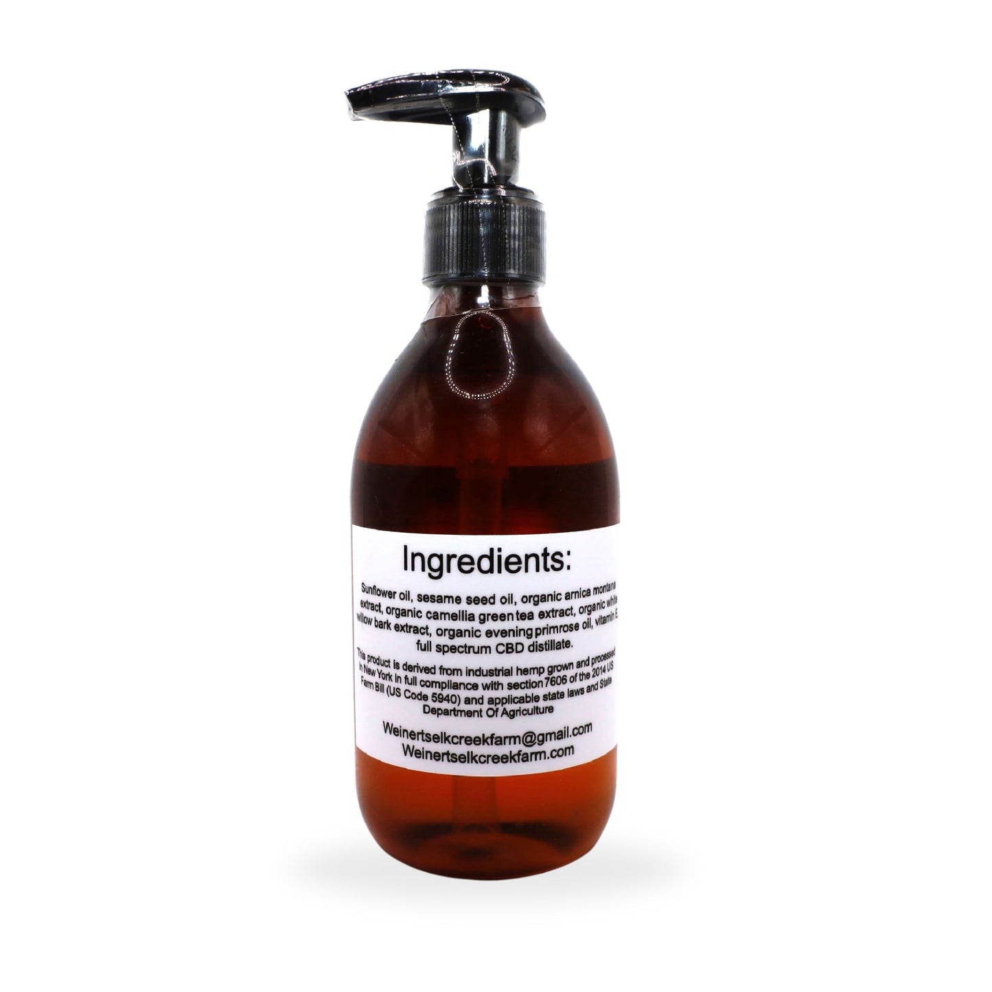 The back of a 1100mg bottle of premium CBD Massage Oil sitting on a white background. This CBD Massage oil is made with sunflower oil, sesame seed oil, full spctrum CBD oil